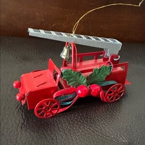 Vtg Red Metal Fire Engine Christmas Ornament w/Holly & Ribbon on Side